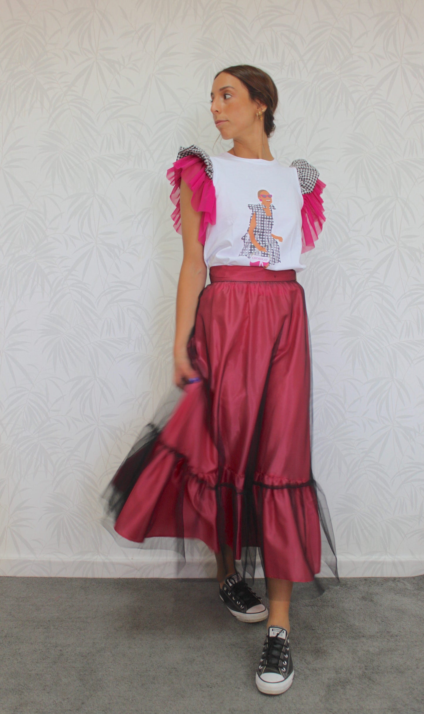 CAMISETA CHIC CON CUADRO VICHY Y TUL FLÚOR