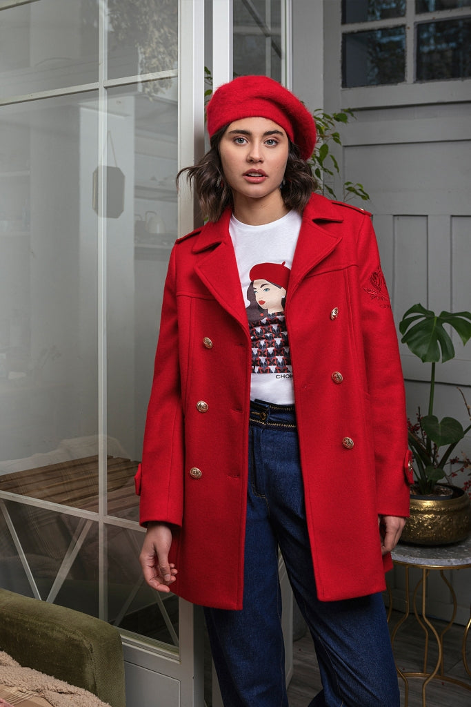 ABRIGO DOBLE BOTONADURA | Rojo chokolat-fashion.myshopify.com