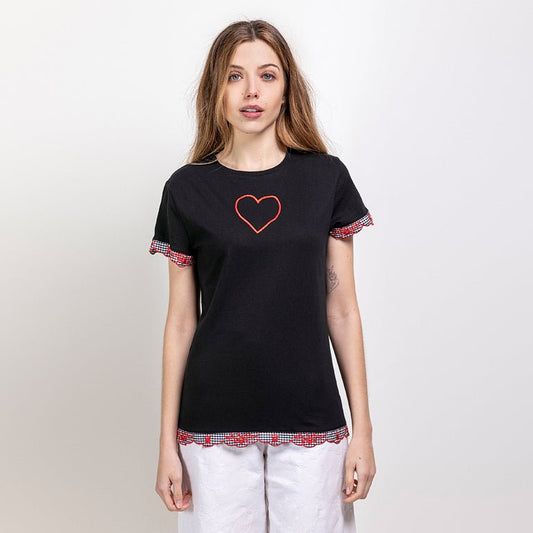 CAMISETA CORAZÓN VICHY | NEGRO